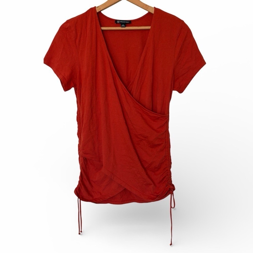 INC Top Womens XL Wrap Red Ruched Side Tie Short Sleeve NWOT